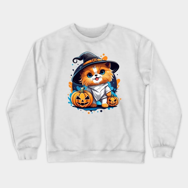 A Cat wearing a witches hat and holding a pumpkin Crewneck Sweatshirt by CreativeXpro